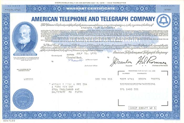 American Telephone and Telegraph Co. - Warrant Certificate